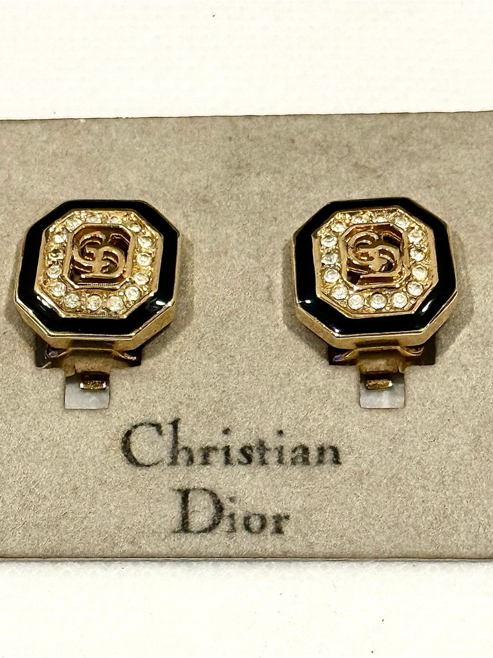 Vintage Christian Dior Gold & Black Crystal Clip Earrings